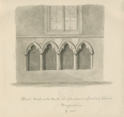Norbury Church - Priesterstühle: Sepia-Waschzeichnung, 1843 von John Buckler