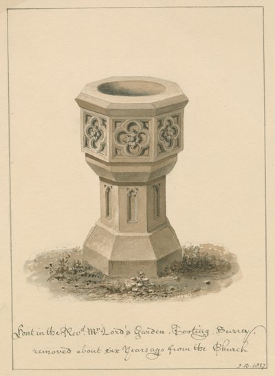 Tooting - Taufbecken im Garten von Pfarrer Mr. Lord, 1827 von John Buckler