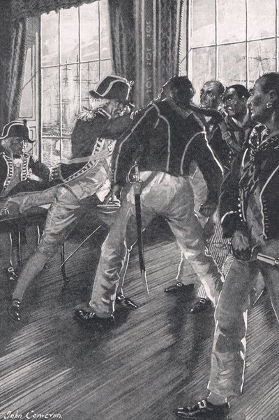 Eine Szene an Bord des Flaggschiffs während der Meuterei von Nore, Illustration aus 