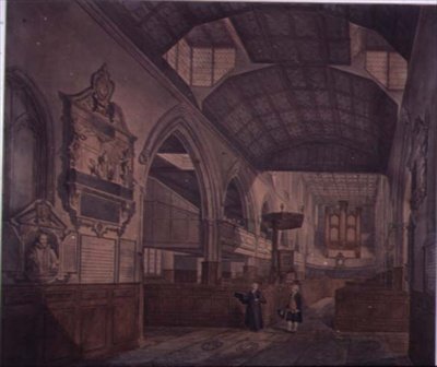 Innenansicht der Kirche St. Giles, Cripplegate, Blick nach Westen, zeigt das Denkmal von Constance Whitney von John Carter