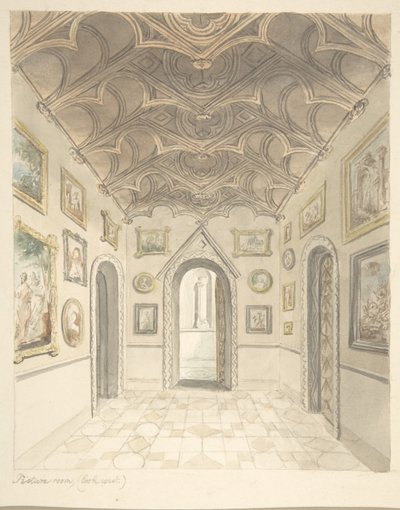 Lea Castle, Worcestershire, Bildzimmer, Blick nach Westen, ca. 1816 von John Carter.