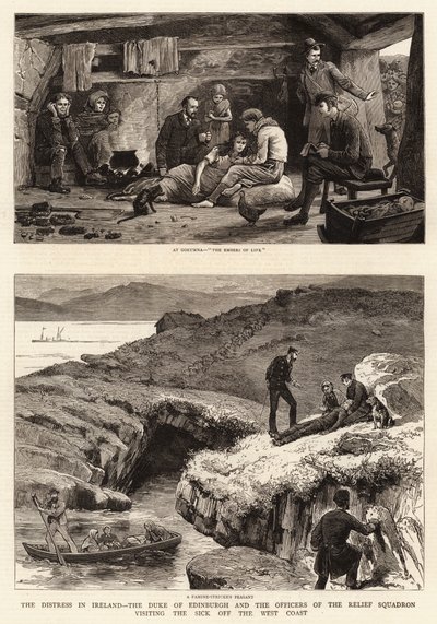 Die Not in Irland, der Herzog von Edinburgh und die Offiziere des Hilfsgeschwaders besuchen die Kranken vor der Westküste von John Charles Dollman