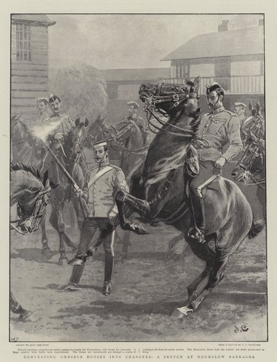 Omnibus-Pferde in Reitpferde umwandeln, eine Skizze in den Hounslow Barracks von John Charlton