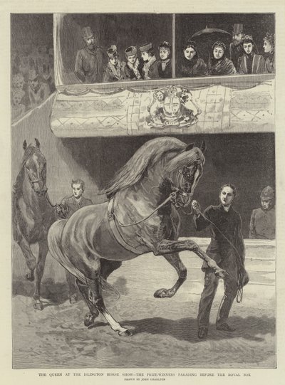 Die Königin auf der Islington-Pferdeschau, die Preisträger paradieren vor der königlichen Loge von John Charlton