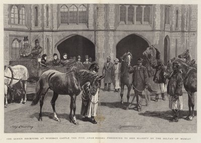 Die Königin empfängt auf Schloss Windsor die fünf arabischen Pferde, die ihr vom Sultan von Maskat geschenkt wurden von John Charlton