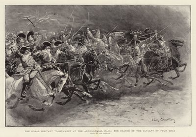 Das königliche Militärturnier in der Landwirtschaftshalle, der Angriff der Kavallerie aus vier Epochen von John Charlton