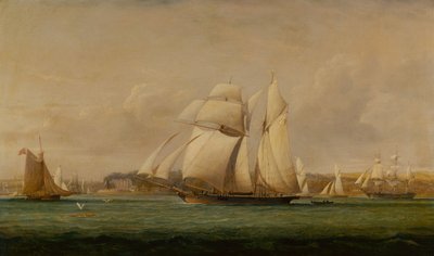 Ein Toppsegel-Schoner, zwei Royal Yacht Squadron Cutter und ein amerikanisches Handelsschiff von John Christian Schetky