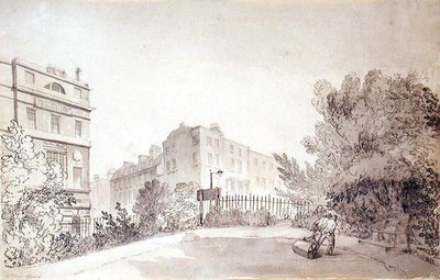 Ansicht des Fitzroy Square mit zwei Figuren, die eine Gartenwalze ziehen, ca. 1808 von John Claude Nattes