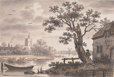 Flusslandschaft mit Kirche, Cottage und Windmühle von John Collet