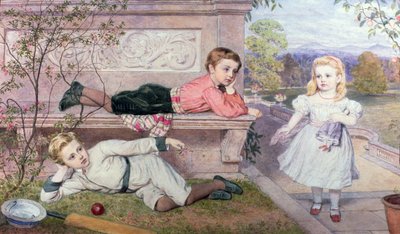 Die Farrer-Kinder, Gaspard, Henry und Cecilia in den Gärten eines Landhauses in Berkshire von John Collingham Moore