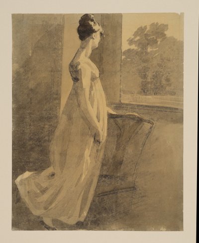 Frau lehnt sich an einen Stuhl und schaut aus dem Fenster, recto, ca. 1806 von John Constable
