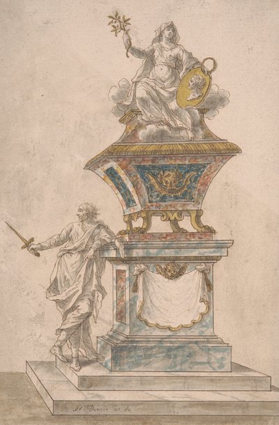 Denkmal: Frieden sitzt auf einer Urne, ein Mann mit gezogenem Schwert steht auf dem Sockel des Denkmals von John Devoto