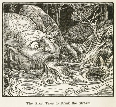 Der Riese versucht, den Bach zu trinken, aus Europas Märchenbuch, veröffentlicht 1916 (Gravur) von John Dickson Batten