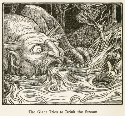 Der Riese versucht, den Bach zu trinken, aus Europas Märchenbuch, veröffentlicht 1916 von John Dickson Batten
