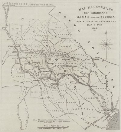 Karte, die General Shermans Marsch durch Georgia von Atlanta nach Savannah im November und Dezember 1864 illustriert von John Dower