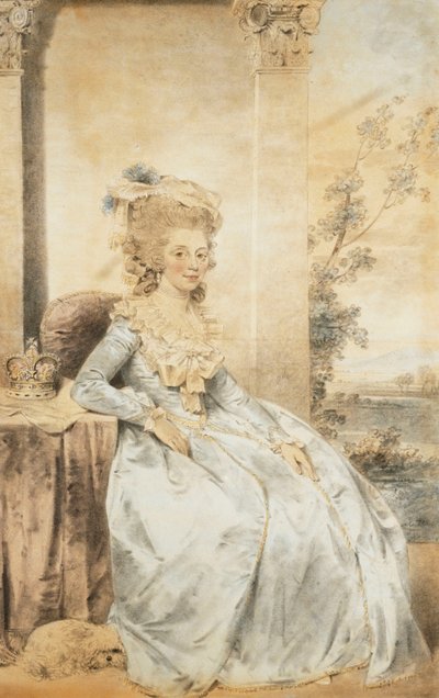 Porträt von Königin Charlotte, sitzend an einem Tisch mit einer Landschaft im Hintergrund, 1784 von John Dowman