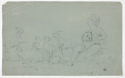 Antikes Basrelief mit sitzendem Jungen, der einen Falken hält, begleitet von Hund, Schaf und Ziegen von John Downman
