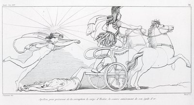 Apollo, Gott der Sonne, bedeckt Hektors Körper vollständig mit seinem goldenen Aigis, um ihn zu bewahren. Gesang XXIV. Zeichnung von John Flaxman (1755 - 1826). Homers Ilias von John Flaxman