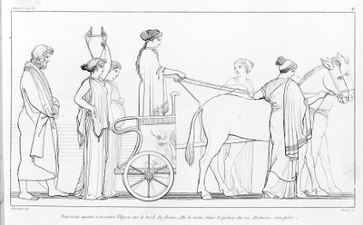 Nausikaa, die gerade Odysseus getroffen hat, bringt ihn zurück zum Palast ihres Vaters, König Alkinoos. Zeichnung von John Flaxman (1755 - 1826). Homers Odyssee. Gesang VI. von John Flaxman