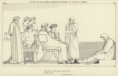 Odysseus am Herd stellt sich Alkinoos und Arete vor von John Flaxman