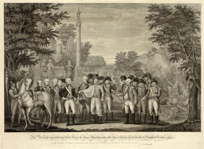 Die Briten übergeben ihre Waffen an General Washington nach ihrer Niederlage in York Town, Virginia, Oktober 1781, veröffentlicht 1819 (Gravur) von John Francis (after) Renault