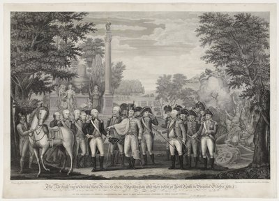 Die Briten übergeben ihre Waffen an General Washington nach ihrer Niederlage in York Town, Virginia, Oktober 1781 von John Francis (after) Renault
