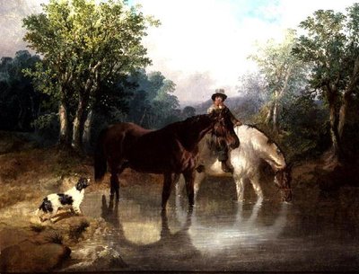 Zwei Pferde, ein Mann und ein Hund an einem Bach von John Frederick Herring Jnr