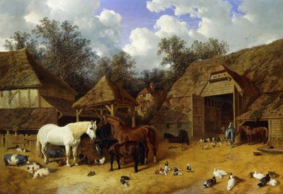 Der Bauernhof des Künstlers in Meopham, Kent, mit Pferden, Shetlandponys, Schweinen, Enten, Tauben und Hühnern von John Frederick Herring Senior