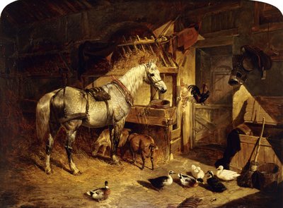 Das Innere eines Stalls mit einem gescheckten grauen Pferd im Geschirr, mit Enten, Ziegen und einem Hahn am Futtertrog, 1843 von John Frederick Herring Senior