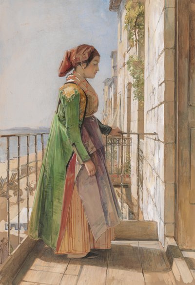 Ein griechisches Mädchen auf einem Balkon stehend von John Frederick Lewis