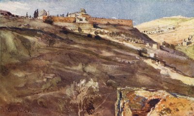 Jerusalem, Südwand des Tempelbereichs, vom Tal Hinnom, bei Sonnenuntergang von John Fulleylove