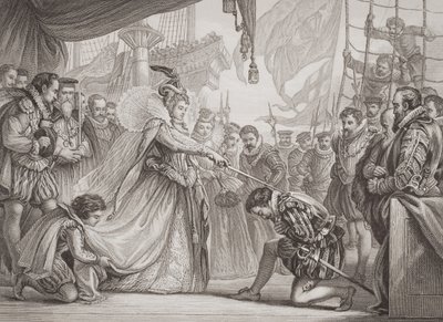 Königin Elisabeth I. (1530-1603) schlägt Francis Drake (1540-96) zum Ritter, aus 