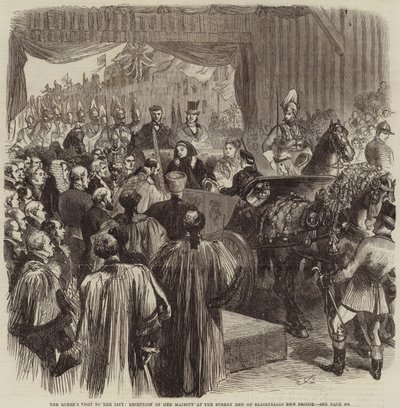 Der Besuch der Königin in der Stadt, Empfang Ihrer Majestät am Surrey-Ende der neuen Blackfriars-Brücke von John Gilbert