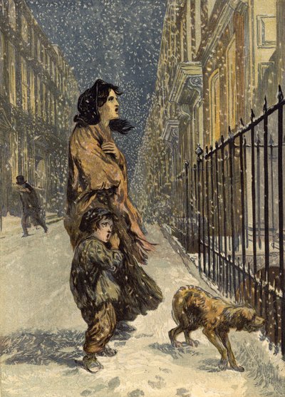 Die obdachlosen Armen, Mutter und Kind mit Hund im Schnee von John Gilbert