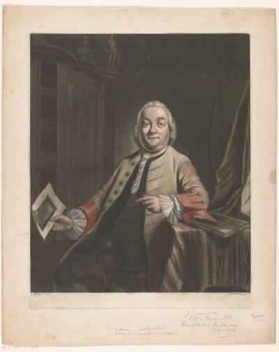 Porträt von Simon Fokke mit dem Druck der Plünderung des Hauses von Gerrit Hagedooren, 1751 von John Greenwood