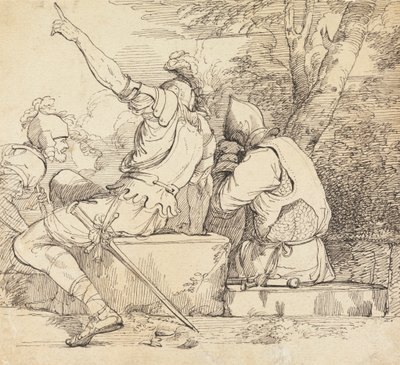 Drei Soldaten in Rüstung sitzen auf Steinblöcken von John Hamilton Mortimer