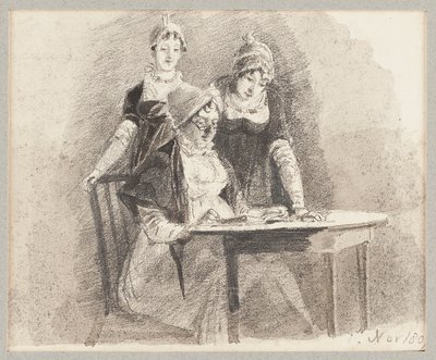 Drei an einem Tisch, einer sitzt, 1807 von John Harden