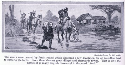 England im Mittelalter. Flüsse wurden durch Furten überquert, um die sich einige Häuser und Dörfer gruppierten von John Harris Valda