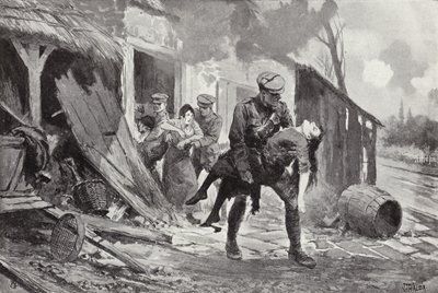 Gunner J Rafferty trägt eine verwundete Frau in Sicherheit aus einem Bauernhaus, das beschossen wurde, Erster Weltkrieg von John Harris Valda