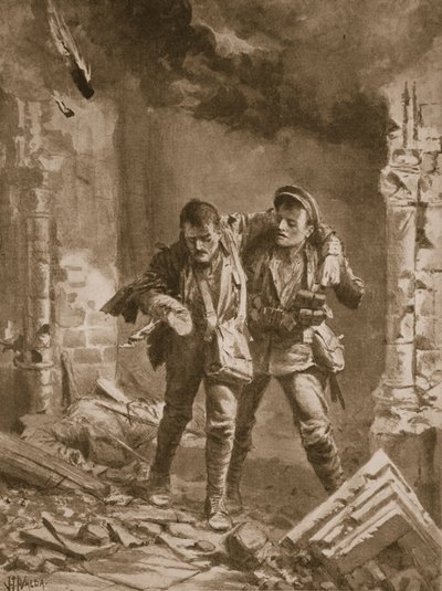 Private A.E. Walker hilft einem verwundeten Kameraden aus einer brennenden Kirche, die als Krankenhaus genutzt wurde von John Harris Valda