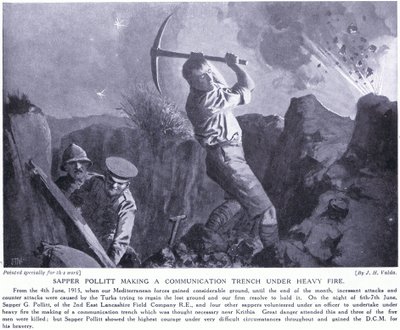 Sapper Pollitt gräbt einen Verbindungsschützengraben unter schwerem Beschuss auf der Halbinsel Gallipoli, Juni 1915 von John Harris Valda