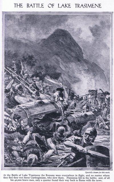 Die Schlacht am Trasimenischen See 217 v. Chr. Überall waren die Römer auf der Flucht vor den Karthagern, ca. 1950 von John Harris Valda