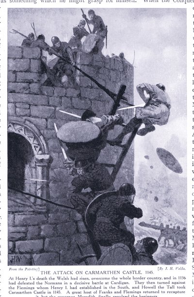 Der Angriff auf die Burg Carmarthen AD1136, 1920er Jahre von John Harris Valda