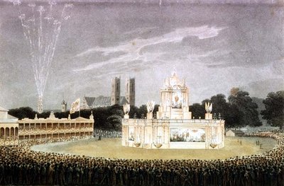 Feuerwerk in Green Park zur Feier des Sieges über Napoleon, graviert von Matthew Dubourg, veröffentlicht 1814 von John Heaviside (after) Clark