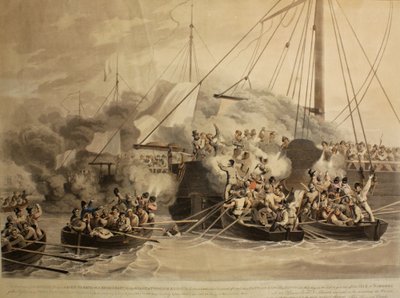 Die Ruderboote der Quebec, Raven, Exertion und Redbreast, Alert und Princess Augusta, 1811 (Aquatinta) von John Heaviside Clark