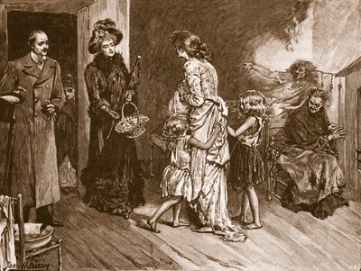 West trifft Ost: wohlhabende Besucher in einer Slumwohnung, Illustration aus 