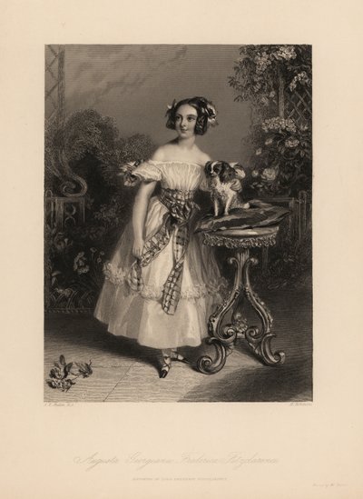 Augusta Georgina Frederica Fitzclarence, Tochter von Lord Frederic Fitzclarence, unehelicher Sohn von König Wilhelm IV. Sie trägt ihr Haar in Locken und Bändern, ein schulterfreies Kleid mit einer Schleife und hält einen King-Charles-Spaniel auf einem Kiss von John James (after) Chalon