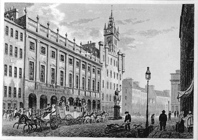 Ansicht des Rathauses, Börse, Glasgow, graviert von Joseph Swan, 1828 von John Knox
