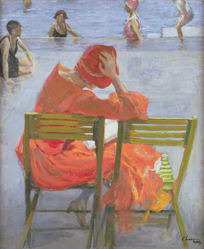 Mädchen im roten Kleid liest am Schwimmbecken von John Lavery
