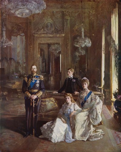 König Georg V., Königin Mary, der Prinz von Wales und Prinzessin Mary im Weißen Salon, Buckingham Palace, London, 1913 von John Lavery